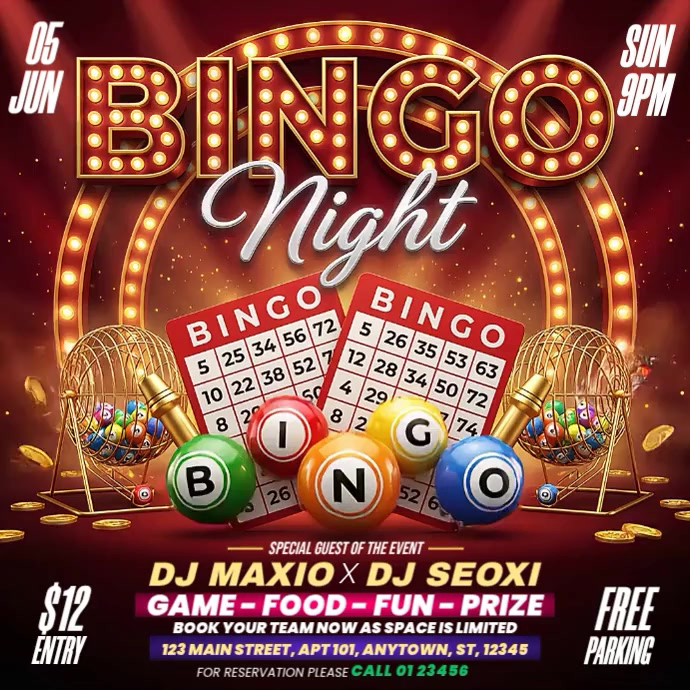 Red Neon Bingo Night Event Square Video Template | PosterMyWall