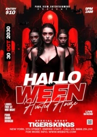 Red Neon Halloween Hunted House Party A3 template