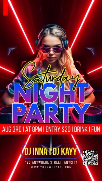 Red Neon Saturday Night Party Reel Instagram template