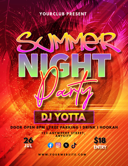 Red Neon Summer Night Party Flyer (us Letter) template