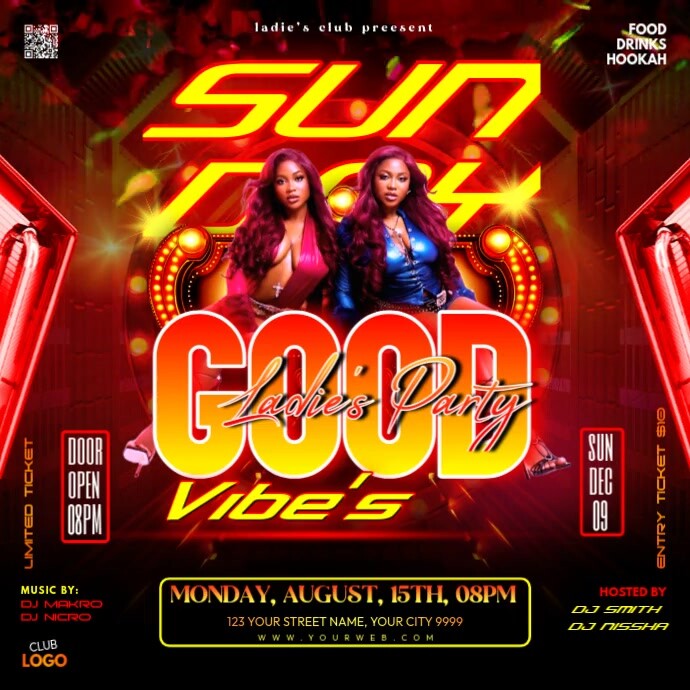 Red Neon Sunday Good Vibes Ladies Party Instagram Post template