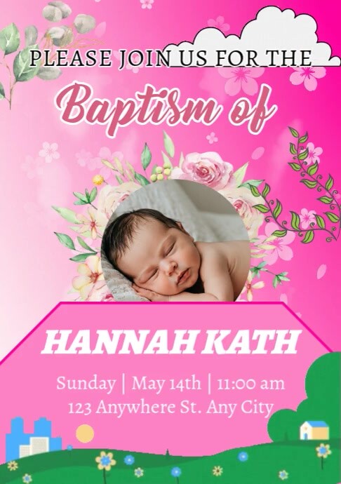Red Pastel Pink Floral Baptism Invitation Template A4
