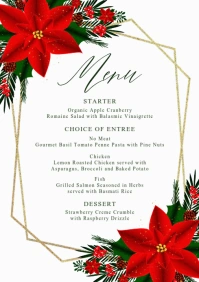 Red Poinsettia Pine Greenery Christmas Menu A4 template