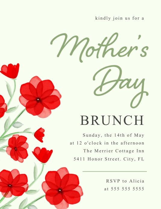 Red Poppy Floral Mother's Day Brunch Invite ใบปลิว (US Letter) template