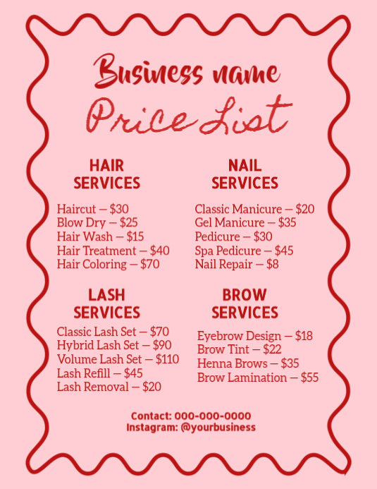 red Price List, client services list, beauty business menu Template ...