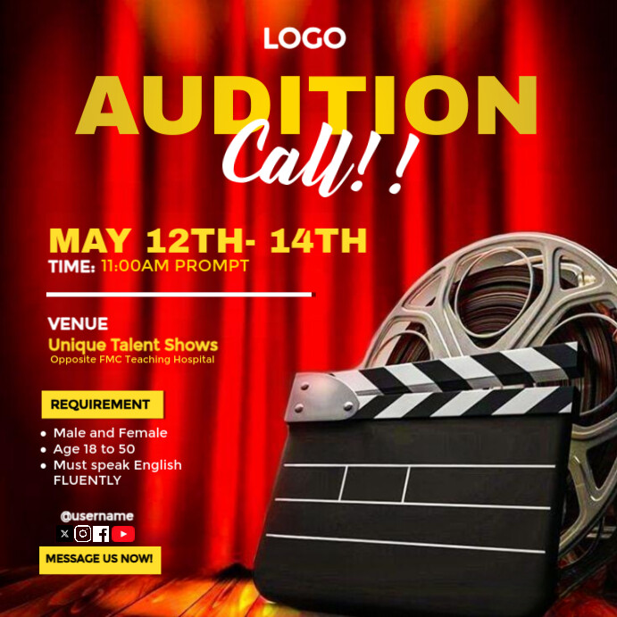 Red Professional Audition Call Design Template  Instagram Post