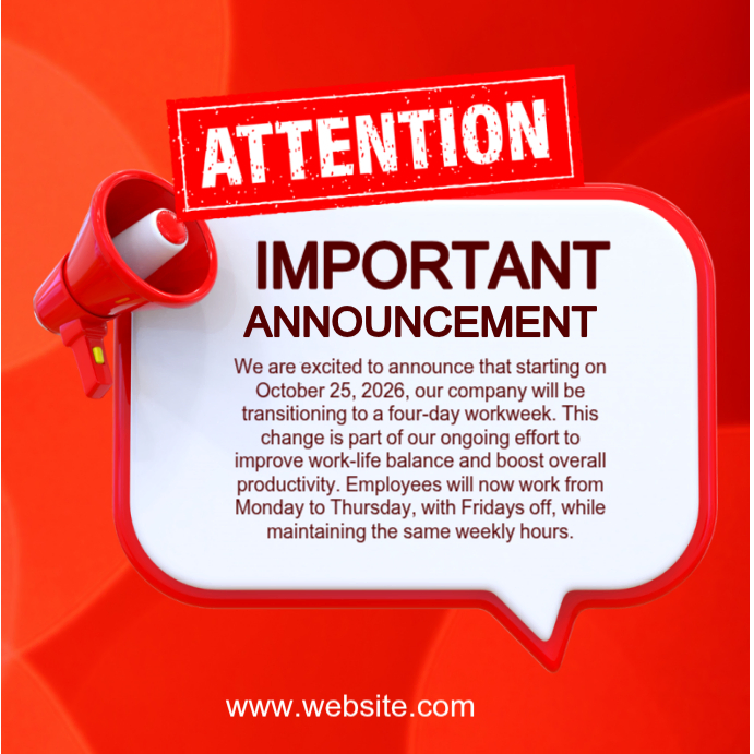 Red Professional Four-Day Workweek Announcement Instagram Post Template ...