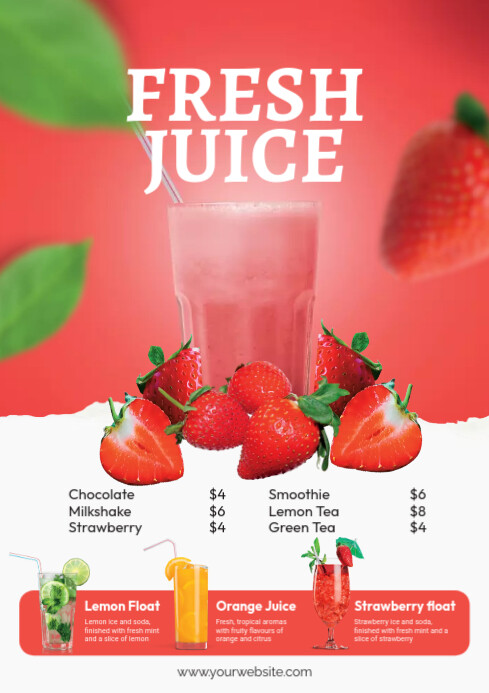 Red Professional Fresh Juice Menu Template​ A4