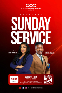 สีแดง Sunday Church Service Poster Template