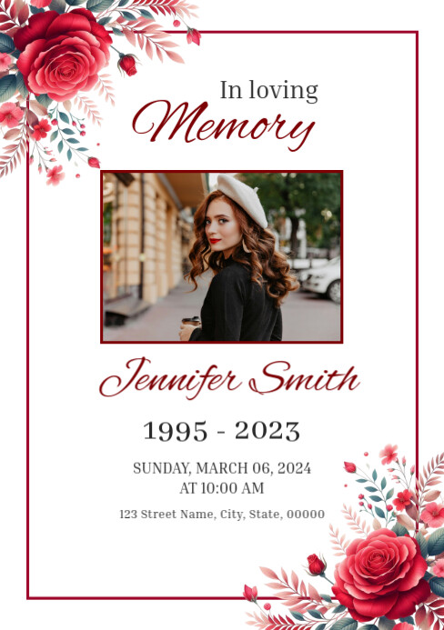 Red Rose Floral Funeral Program A5 Template | PosterMyWall