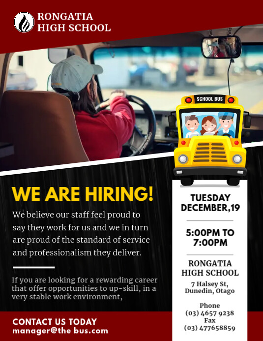 Red School College Bus Driver Hiring Flyer Te Template | PosterMyWall