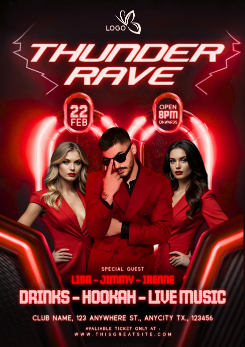 Red Thunder Rave Club Event A4 Template | PosterMyWall