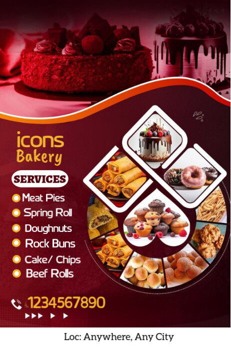 Red Typographic Bakery Services Poster With Elegant Brown Background Poster template