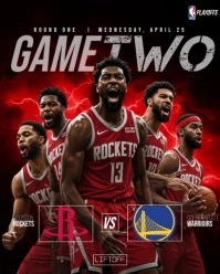 Red Typographic Nba Playoffs, Rockets Vs Warriors, Game Two, Basketball Poster, Sports Hype Art, Jam Instagram Portrait template
