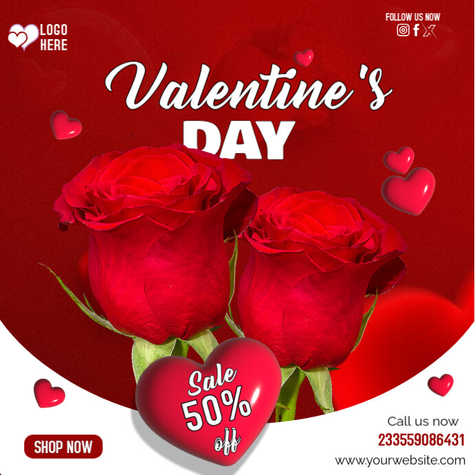 Red Typographic Valentine's Day Sale With Rose Flowers Heart Template Instagram Post