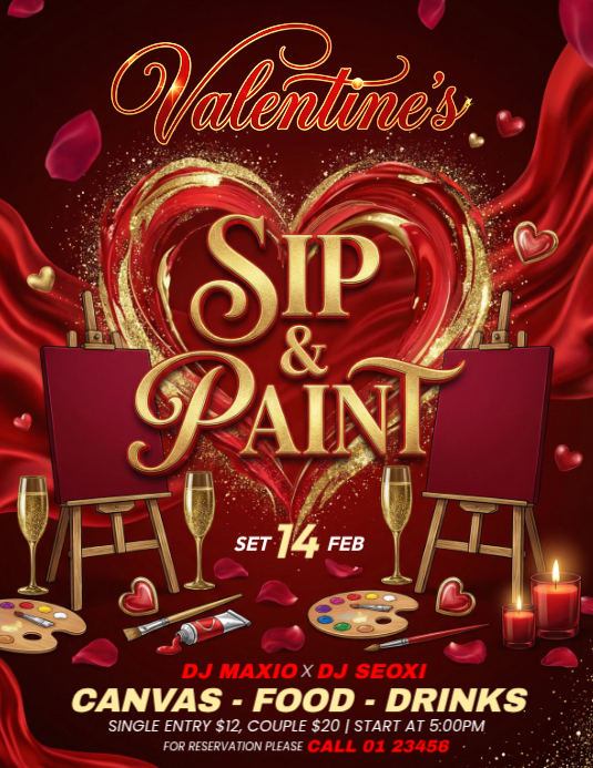 Red Valentine's Day Sip and Paint Event Flyer Template | PosterMyWall