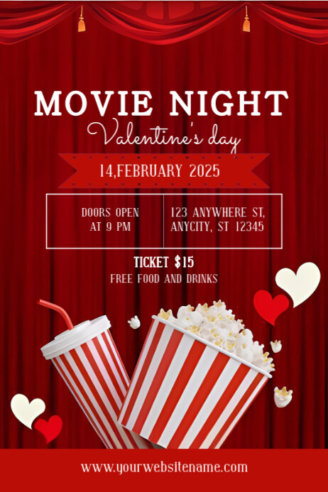 Red Valentine Movies Night With A Pop Poster template