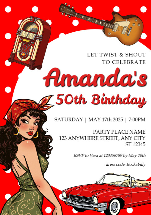 Red Vintage 50th Birthday Party Invitation Card A5 Template | PosterMyWall Red Vintage 50th Birthday Party Invitation Card A5 Template | PosterMyWall