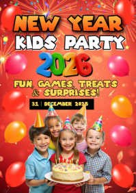 Red Vintage New Year Kids Party  A4 template