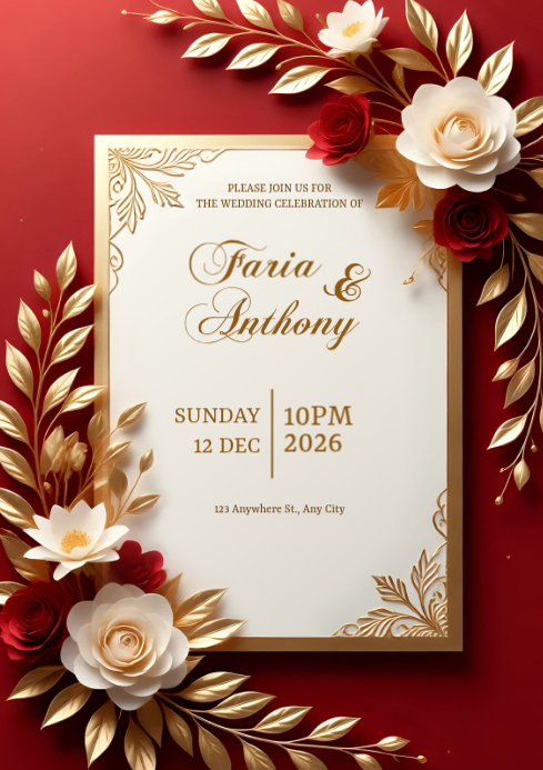 Red Wedding Invitation golden floral Background A1 Template | PosterMyWall