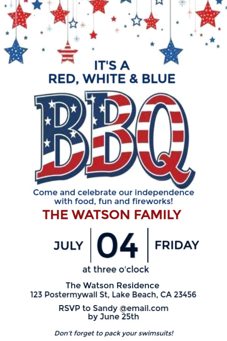 Red White and Blue 4th of July BBQ Invitation Template Plakkaat