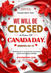 Red White Canada Day Closed Notice A4 Flyer | Business Holiday Closure Announcement Poster template