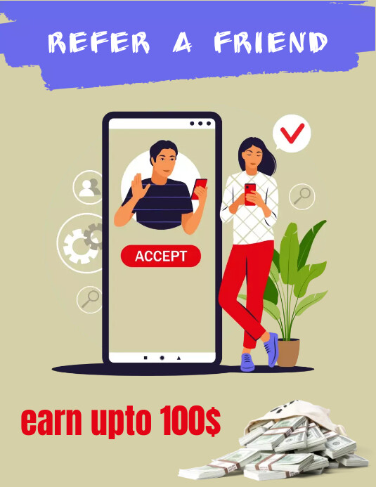 Refer a Friend Flyer Grey Blue Illustration Template PosterMyWall