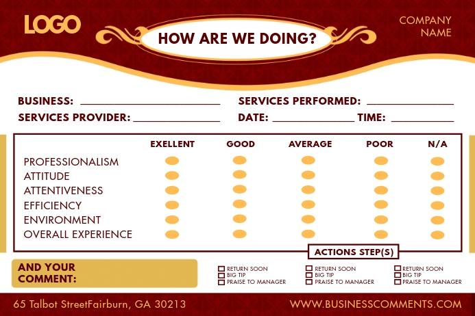 Regal Red Hotel Comment Card Template | PosterMyWall