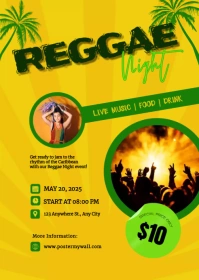 Reggae Night Invitation Green and Yellow A6 template