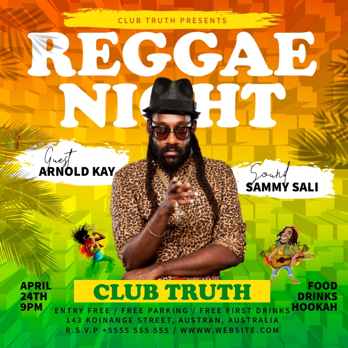 Reggae night party social media or flyer temp Instagram Post template