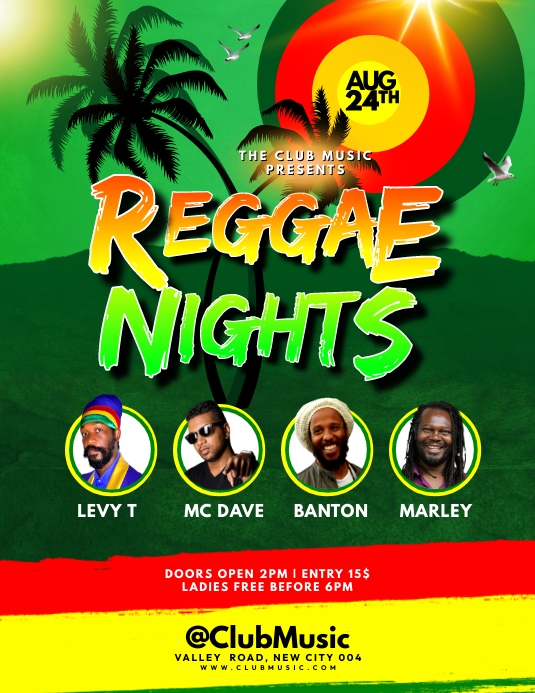 Reggae Nights party flyer Folheto (US Letter) template