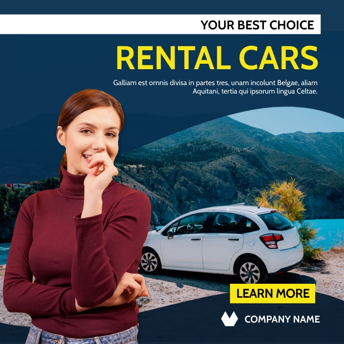 We Rent Cars Advertisement Copy of Rental car advertising blue and yellow and wh | PosterMyWall