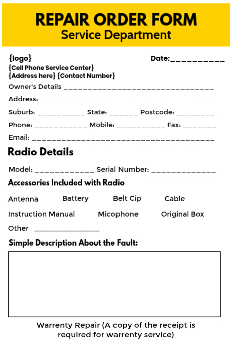 Repair Order Format Repair Order Form Cartazes Modelo | PosterMyWall