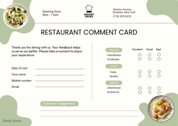 Restaurant Comment Card Survey Template | PosterMyWall