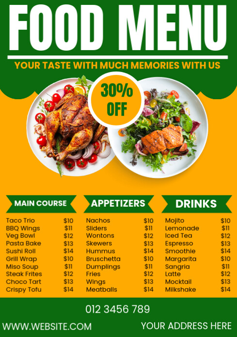 Plantilla de Restaurant food menu 30% off sale | PosterMyWall