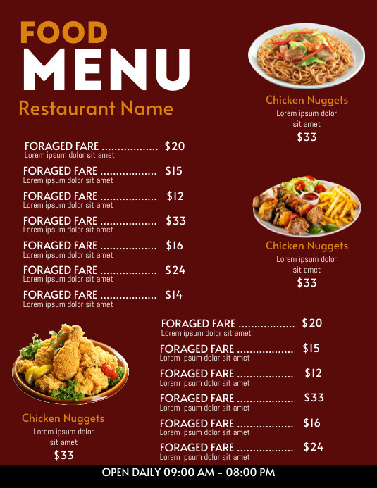 Restaurant Food Menu Design Template Flyer (US Letter)