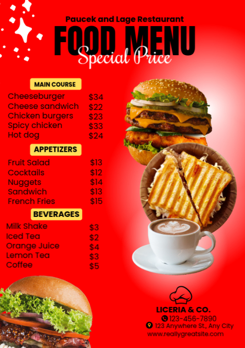 Red Food Menu A4 Template | PosterMyWall