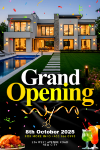 Restaurant hotel grand opening hotel launch ribbon cutting celebration unveiling inauguration flyer Póster template