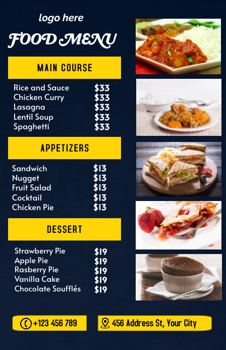 Restaurant Menu Blue and Yellow Template | PosterMyWall