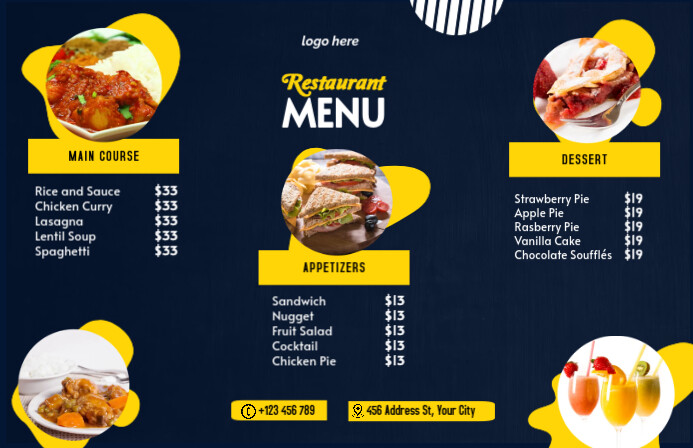 Landscape Menu. Example Restaurant Menu Blue and Yellow Landscape Template | PosterMyWall