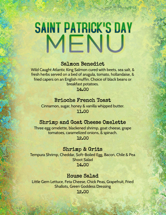 Restaurant Saint Patrick S Day Brunch Menu Template