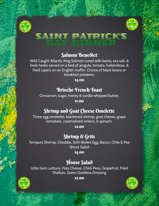 Restaurant Saint Patrick's Day Brunch Menu Flyer (US Letter) template