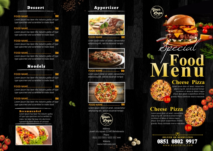 Restaurant Trifold Food Menu Flyer A4 template