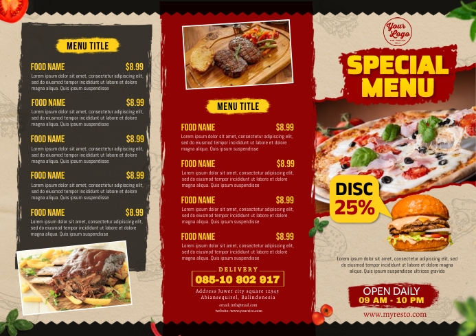 Restaurant Trifold Menu Design Template A4