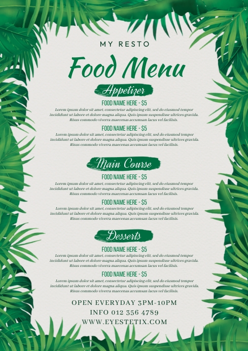 Restaurant Tropical Menu Template A4