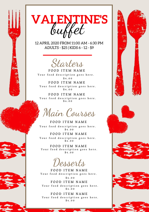 Restaurant VALENTINE'S Dinner Menu Template | PosterMyWall