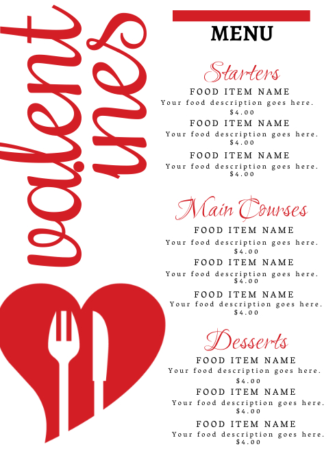 Restaurant Valentine's Dinner Menu Template A4