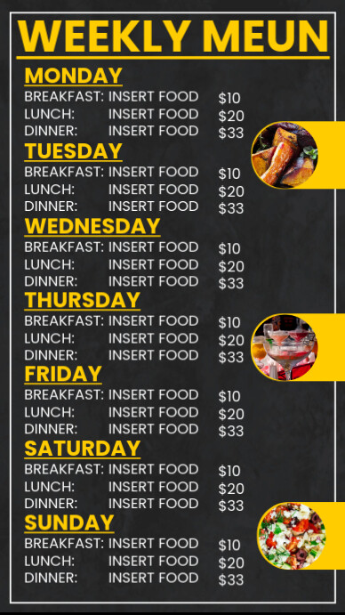 Restaurant weekly food menu template design História do Instagram