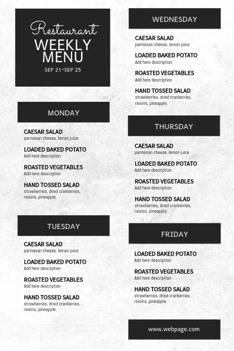 Restaurant weekly menu template | PosterMyWall