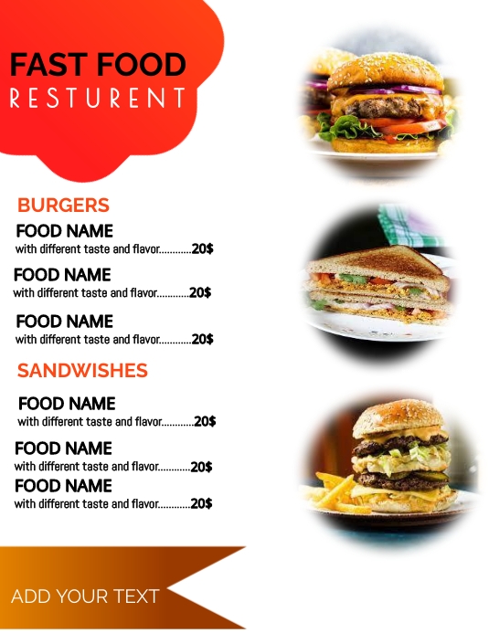 RESTURENT MENU Folheto (US Letter) template